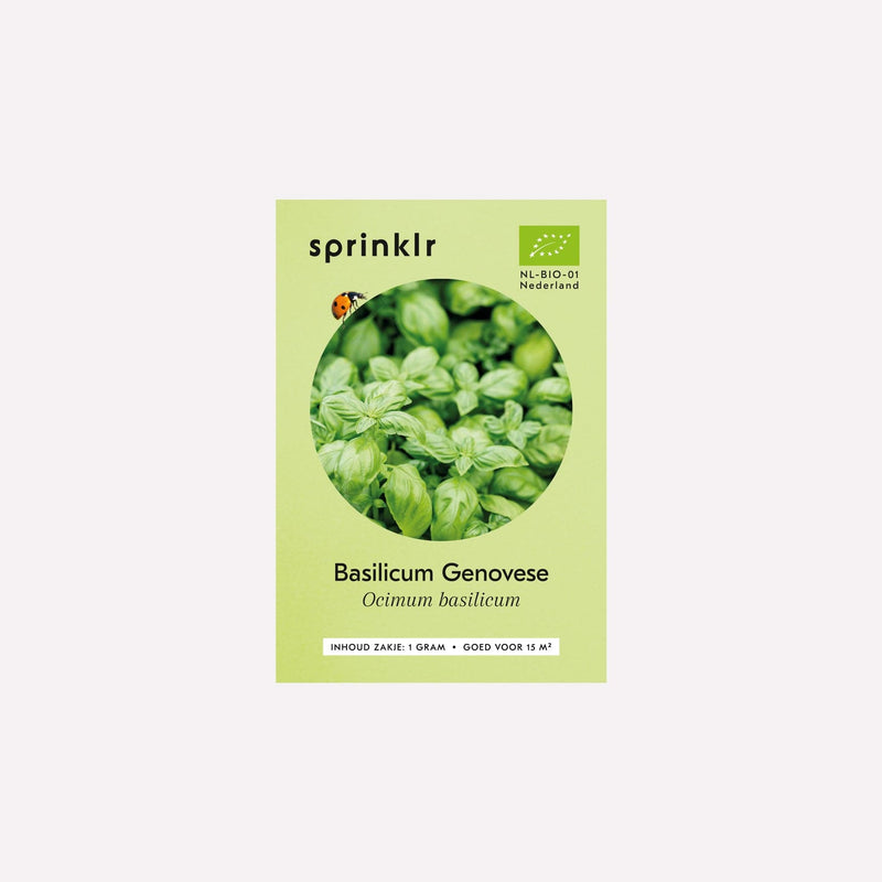 Voorkant zakje biologisch zaad Sprinklr - Basilicum