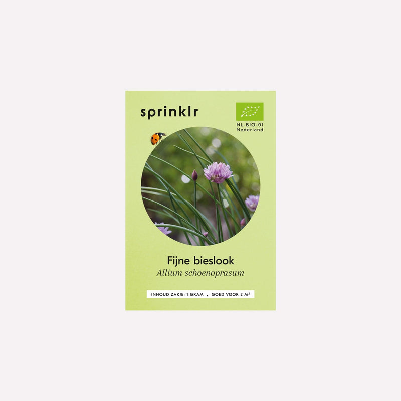 Voorkant zakje biologisch zaad Sprinklr - Bieslook