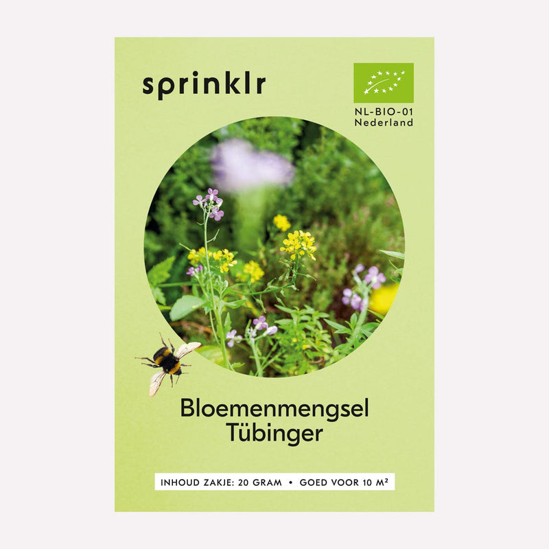 Voorkant zakje biologisch zaad Sprinklr - Bloemenmengsel Tubinger