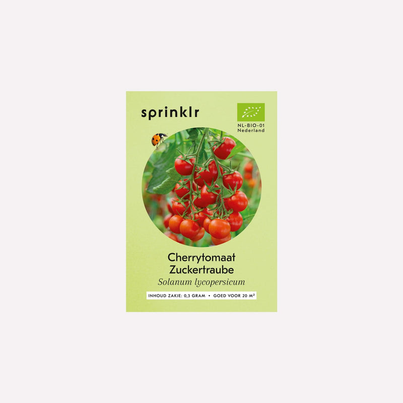Voorkant zakje biologisch zaad Sprinklr - Cherrytomaat