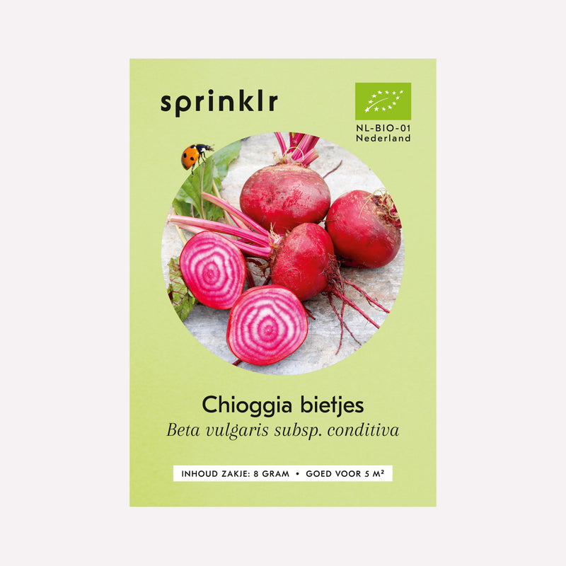 Voorkant zakje biologisch zaad Sprinklr - Chiogga bietjes
