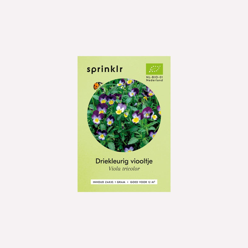 Voorkant zakje biologisch zaad Sprinklr - Driekleurig viooltje