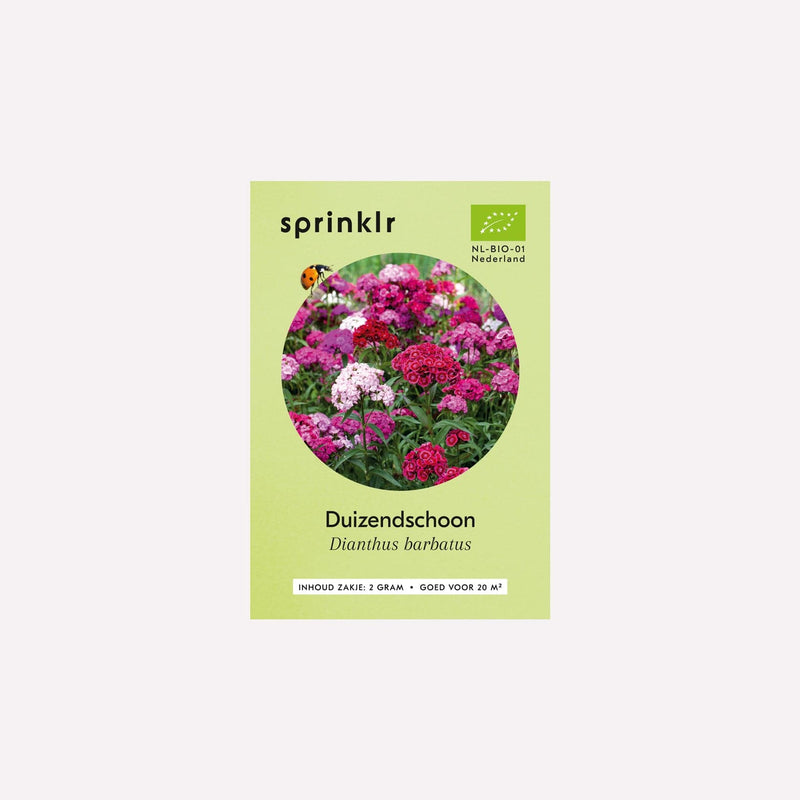 Voorkant zakje biologisch zaad Sprinklr - Duizendschoon