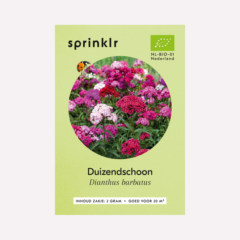 Voorkant zakje biologisch zaad Sprinklr - Duizendschoon