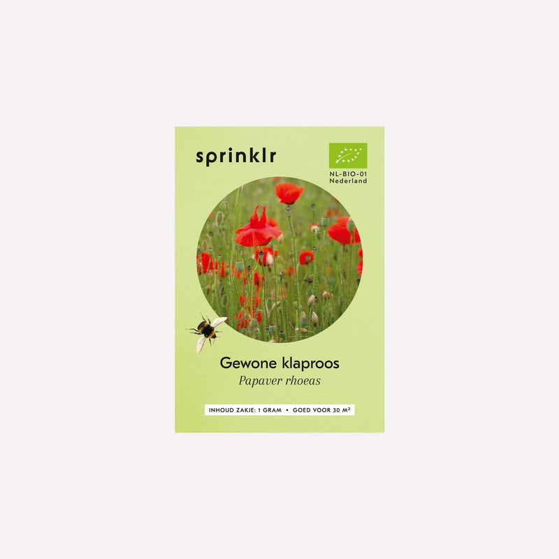 Voorkant zakje biologisch zaad Sprinklr - Gewone klaproos