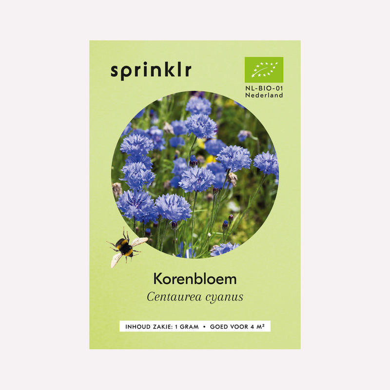 Voorkant zakje biologisch zaad Sprinklr - Korenbloem