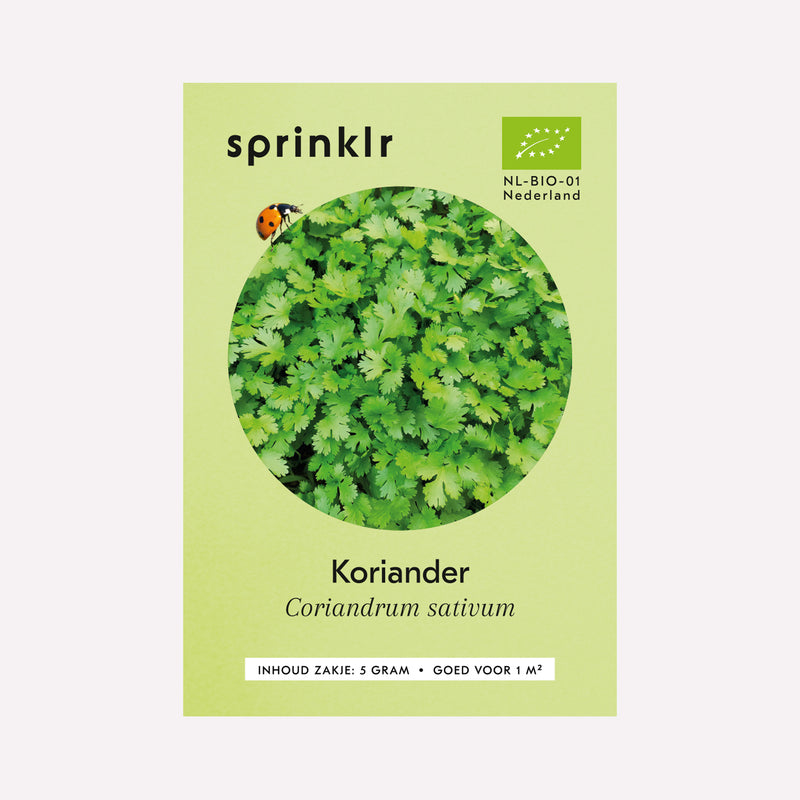 Voorkant zakje biologisch zaad Sprinklr - Koriander