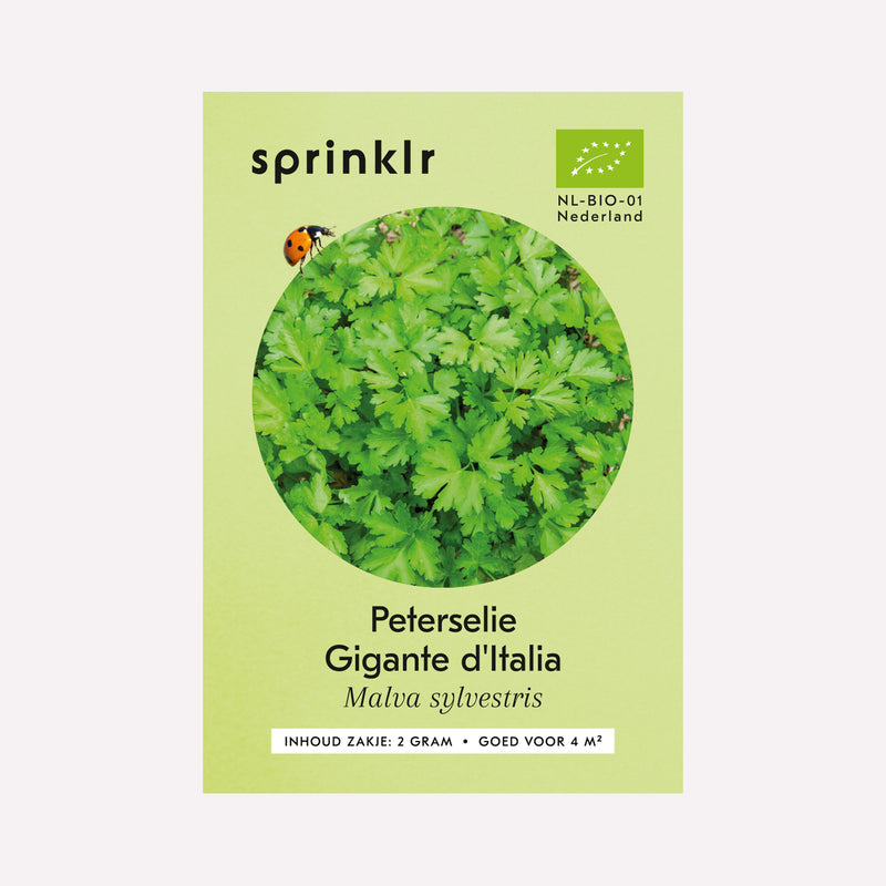 Voorkant zakje biologisch zaad Sprinklr - Peterselie