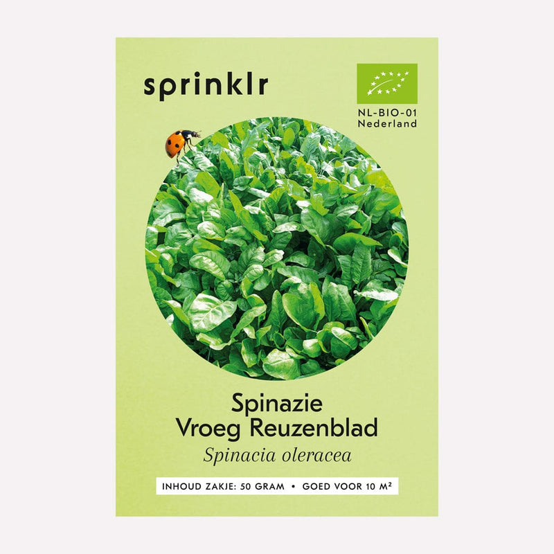 Voorkant zakje biologisch zaad Sprinklr - Spinazie
