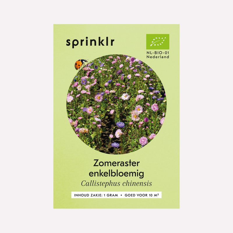 Voorkant zakje biologisch zaad Sprinklr - Zomeraster