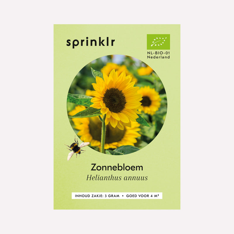 Voorkant zakje biologisch zaad Sprinklr - Zonnebloem