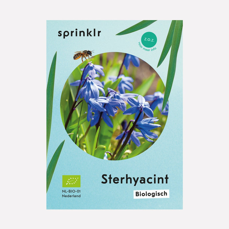 Label van de biologisch gekweekte sterhyacint.