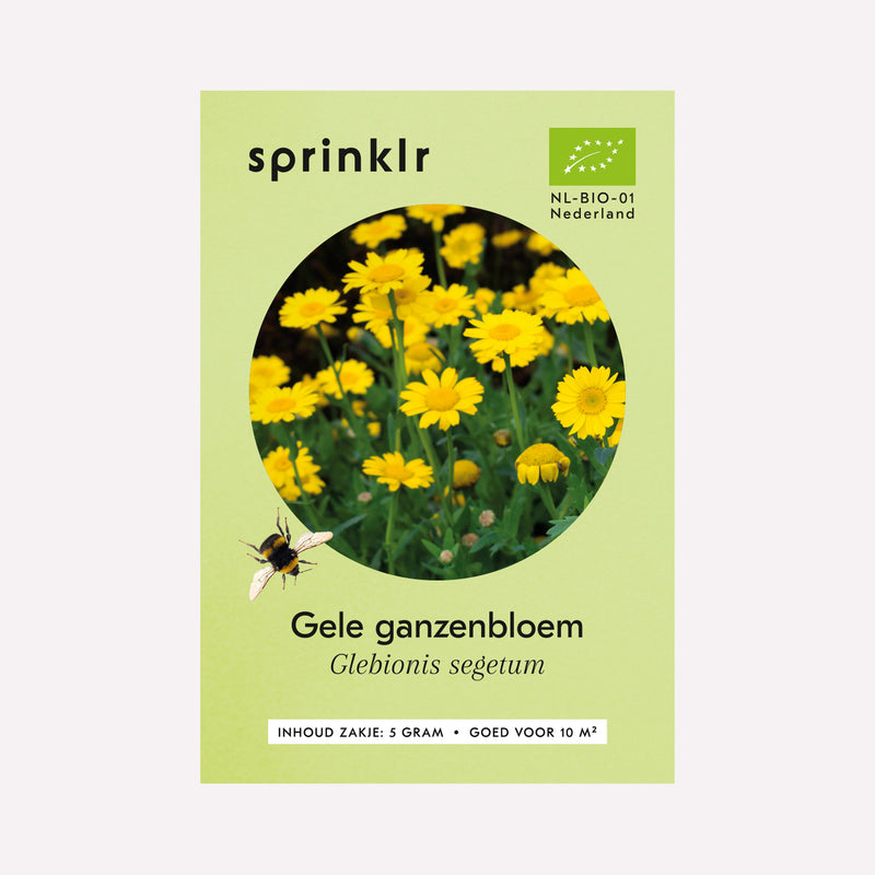 Voorkant zakje biologisch zaad Sprinklr - Gele ganzenbloem