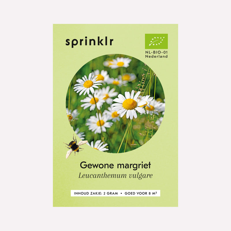 Voorkant zakje biologisch zaad Sprinklr - Gewone margriet