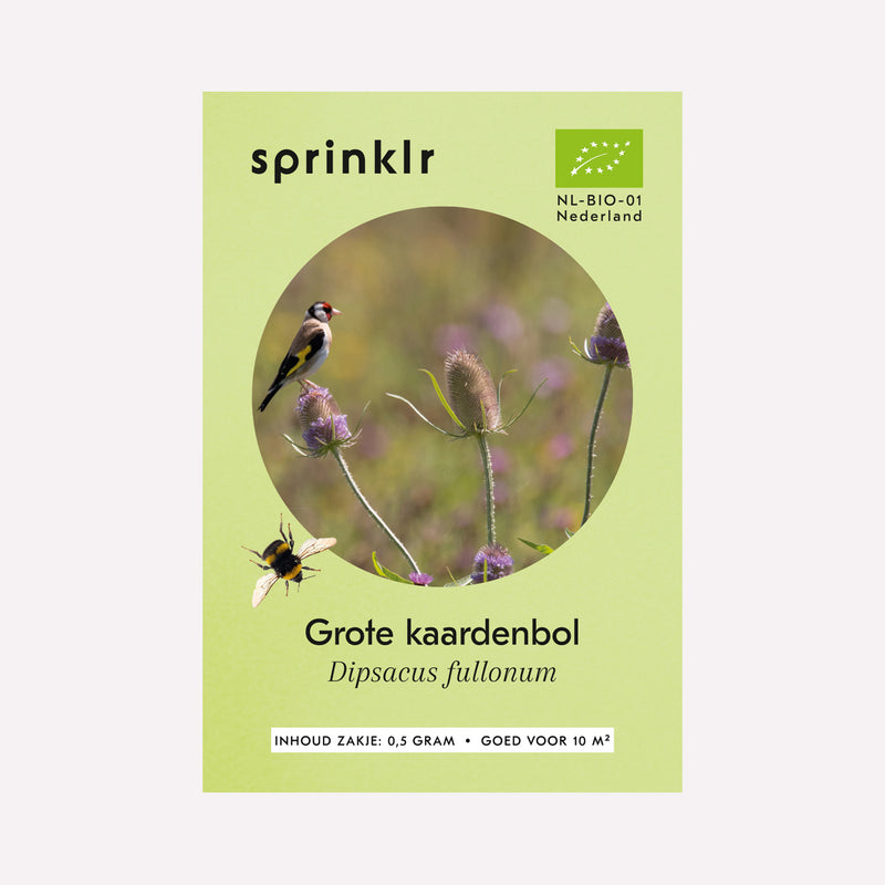 Voorkant zakje biologisch zaad Sprinklr - Grote kaardenbol