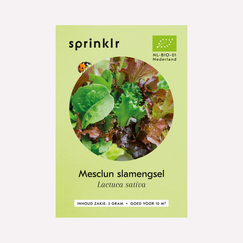 Voorkant zakje biologisch zaad Sprinklr - Mesclun slamengsel