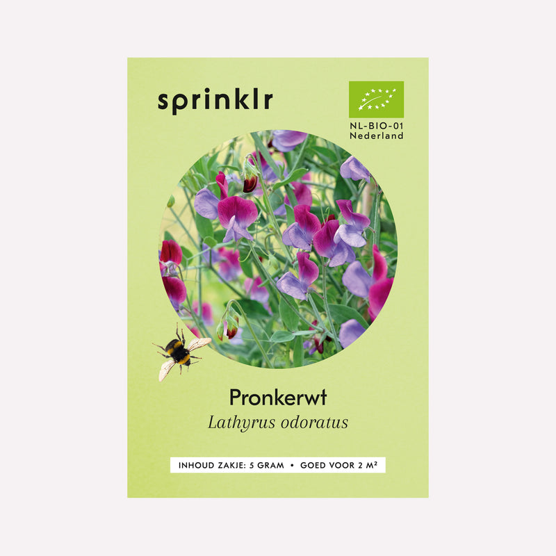 Voorkant zakje biologisch zaad Sprinklr - Pronkerwt