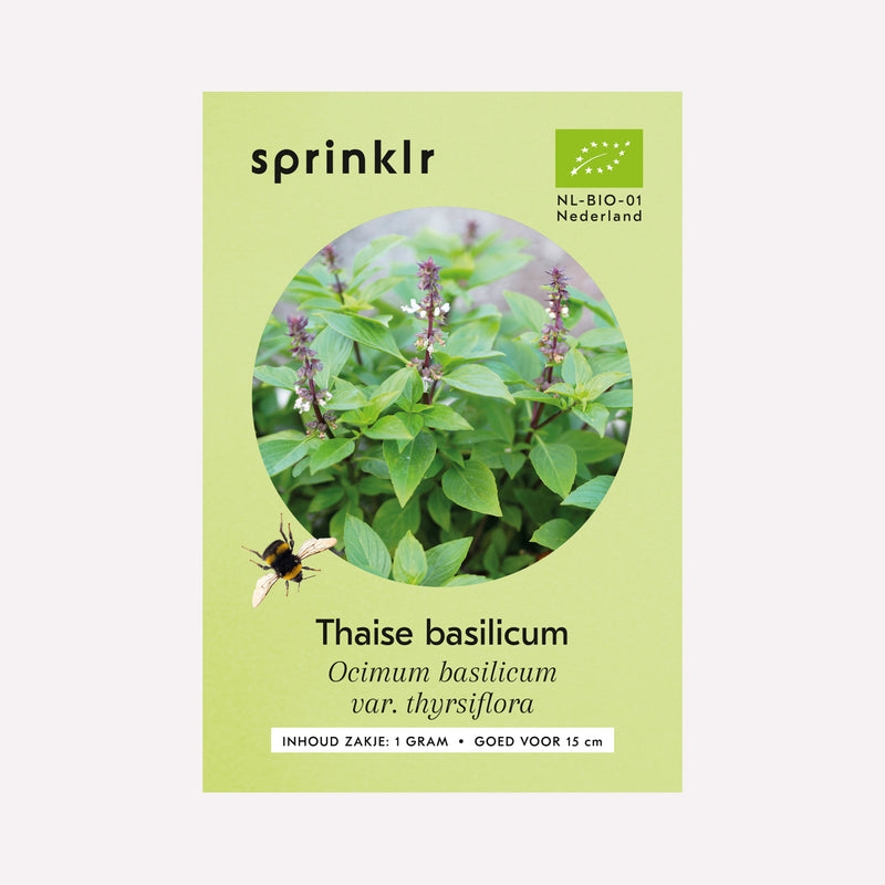 Voorkant zakje biologisch zaad Sprinklr - Thaise basilicum