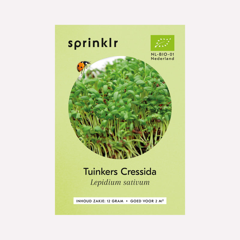 Voorkant zakje biologisch zaad Sprinklr - Tuinkers