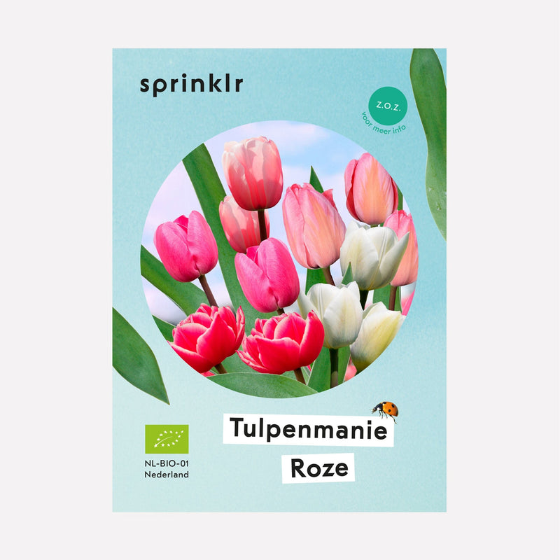 Sprinklr bollenlabel van bollenmix Tulpenmanie Roze, met een mix van lichtroze, donkerroze en witte tulpen