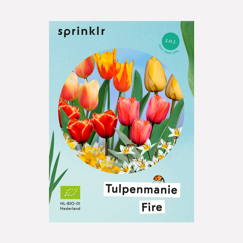 Sprinklr bollenlabel van bollenmix Tulpenmanie Fire, met rode, gele en witte tulpen