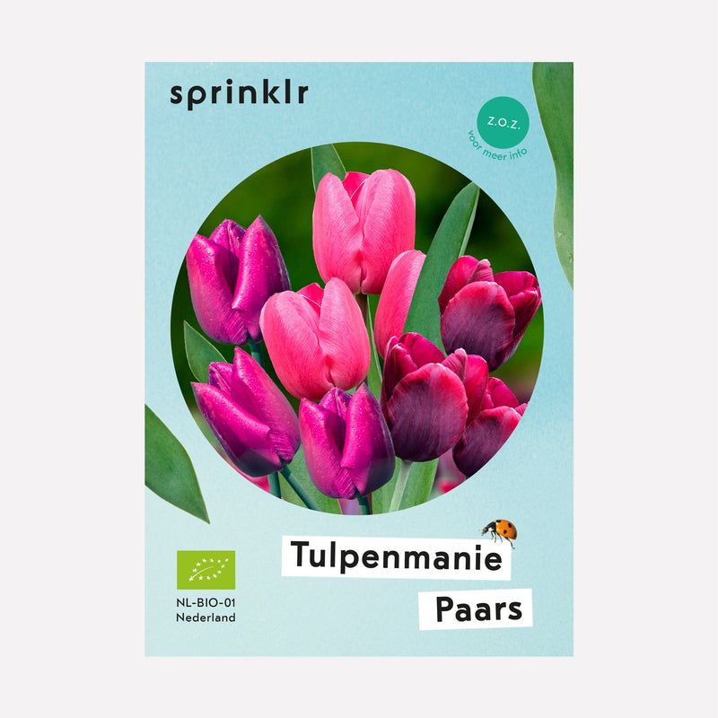 Sprinklr bollenlabel van bollenmix Tulpenmanie Paars, met paarse en roze tulpen