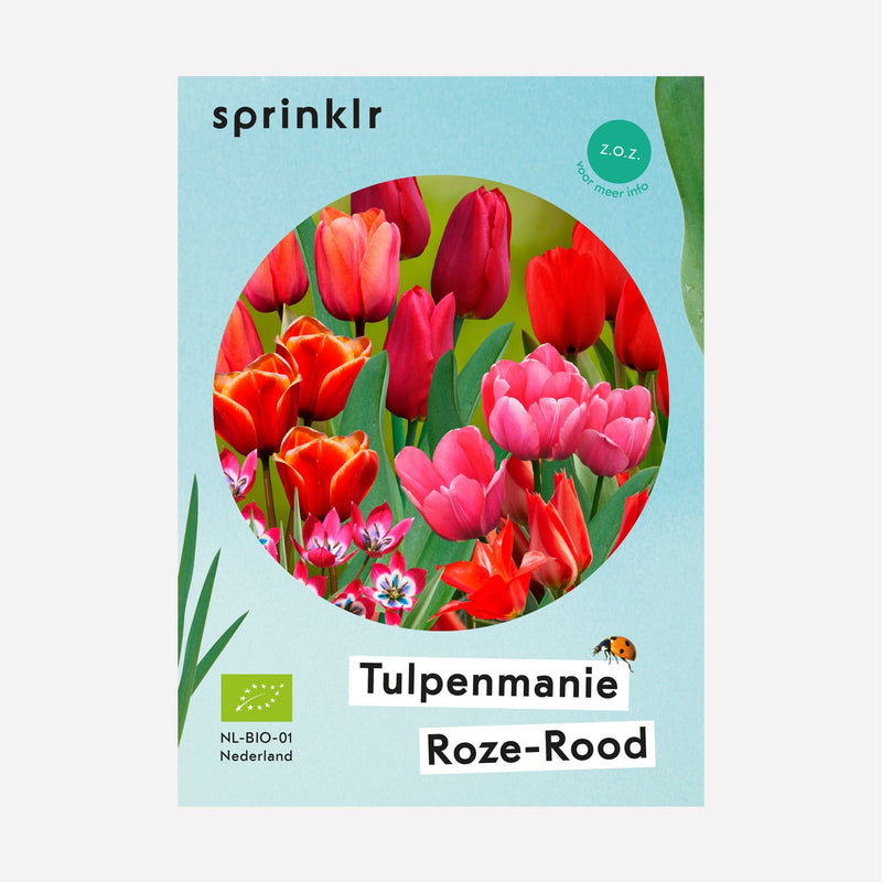 Sprinklr bollenlabel van bollenmix Tulpenmanie Roze-rood, met een roze en rode mix van tulpen