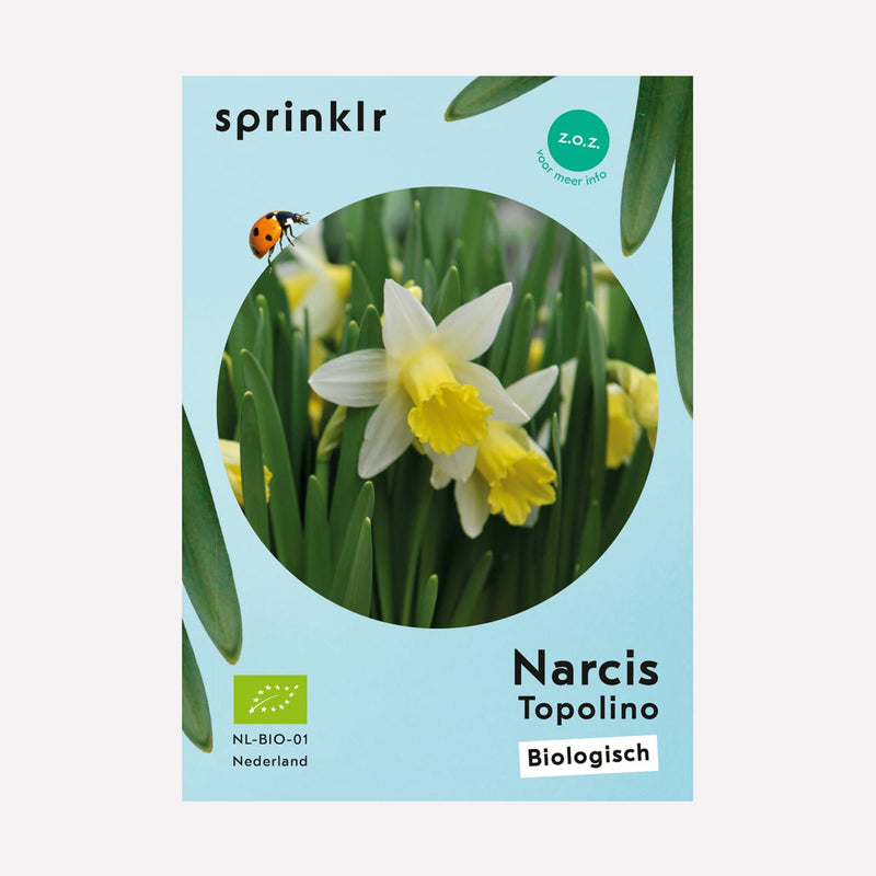 Label van de biologisch gekweekte Narcis Topolino
