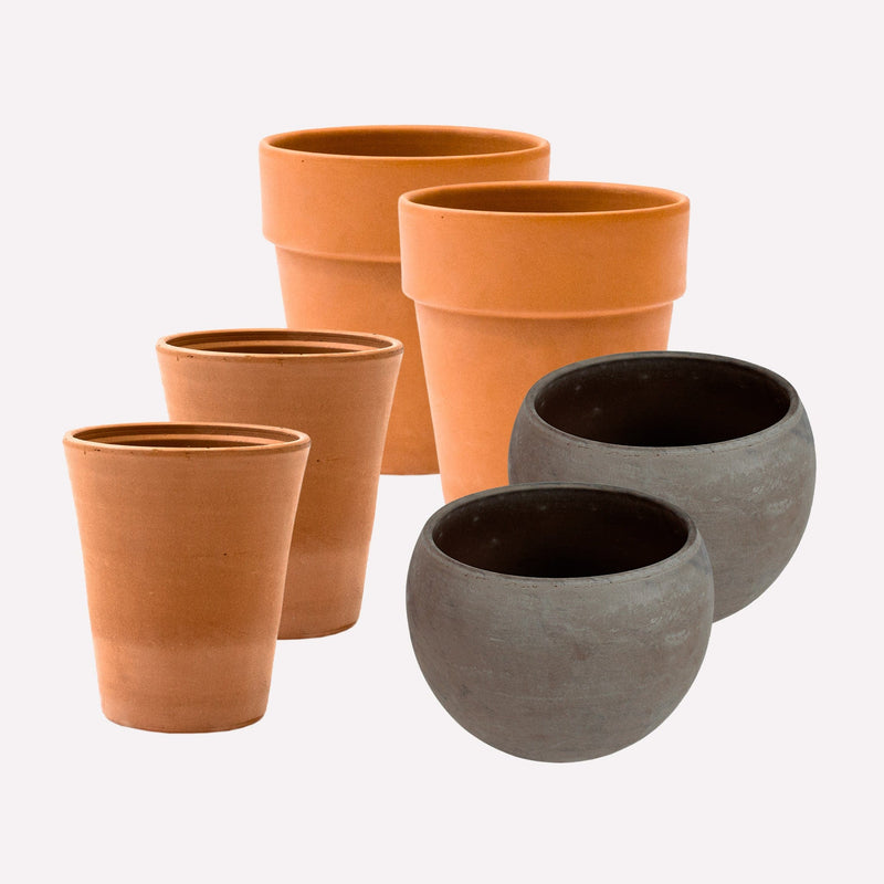 Collage van 6 verschillende terracotta potten